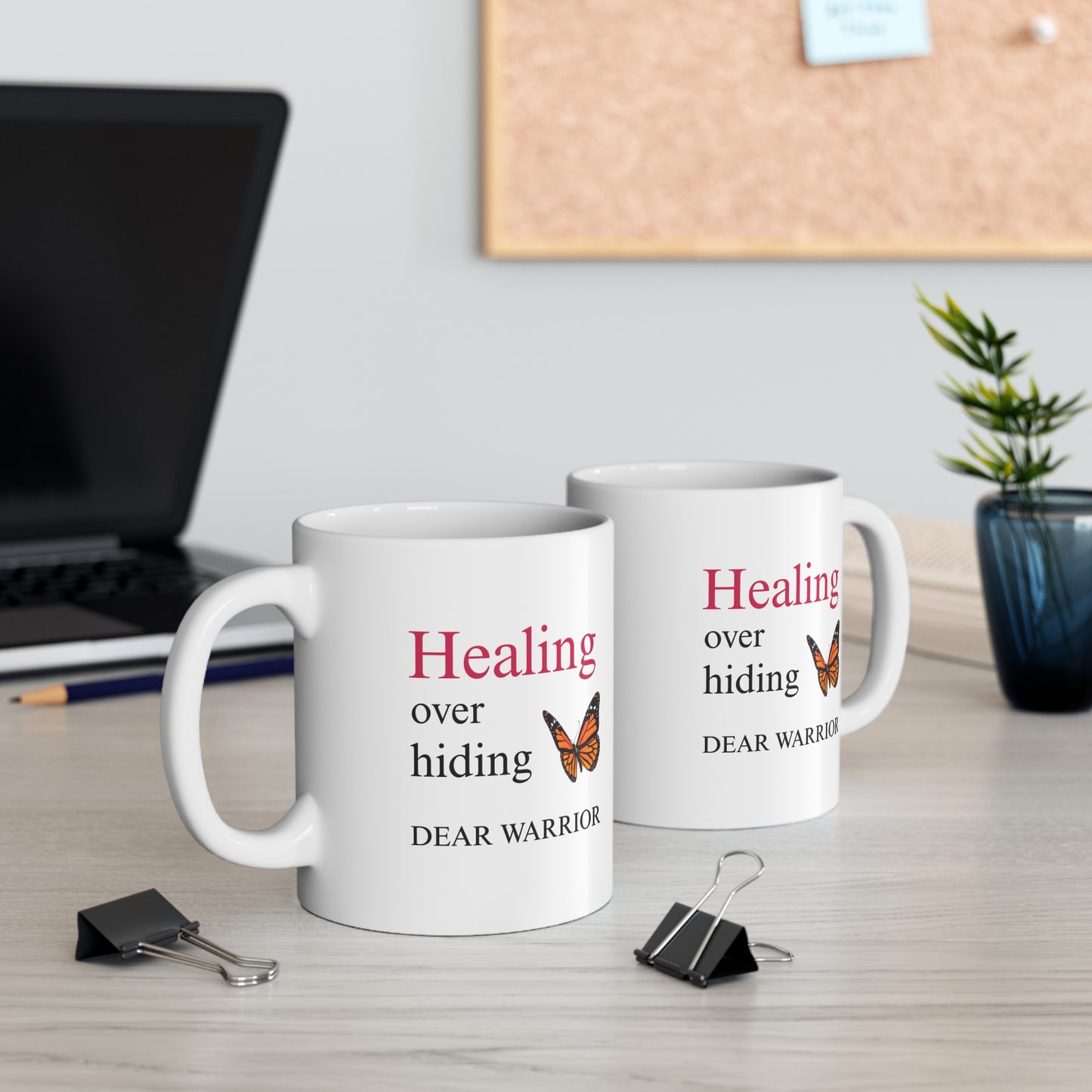 Empowering Warrior Mug, Inspirational Coffee Cup, Healing Over Hiding Gift for Her, Motivational Tea Mug, Butterfly Design