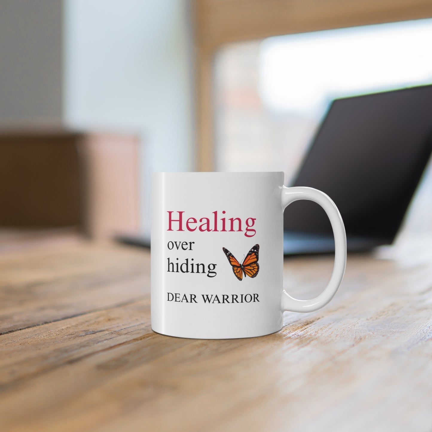 Empowering Warrior Mug, Inspirational Coffee Cup, Healing Over Hiding Gift for Her, Motivational Tea Mug, Butterfly Design